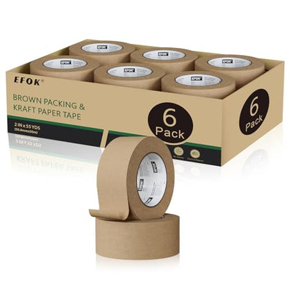 EFOK 6 Rolls Brown Packing Tape Bulk Packaging Kraft Paper Tape 2In X 55Yds