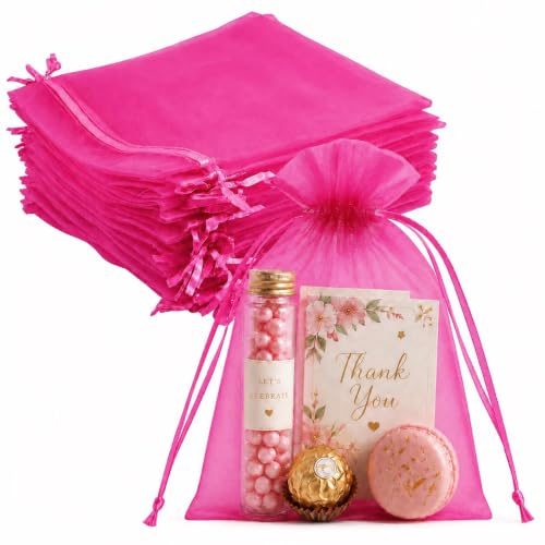 Jexila 100 Pack Hot Pink Organza Mesh Gift Bags 5X7 Girls Party Favor Pouch - color: Hot Pink