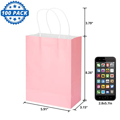 HavrePac 100 Pack Pink Gift Bags with Handles 5.9x3.15x8.26 inch - color: Pink