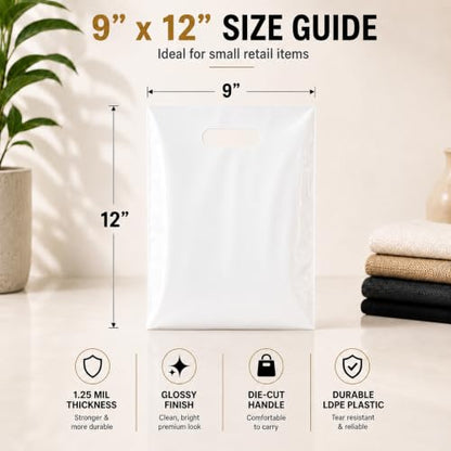 White Plastic Merchandise Bags, Die Cut Retail Shopping Bags for Small Business, Boutique & Store Packaging, 1.25 Mil, 9x12, 12x15, 15x18, Packs of 100, 200, 500 (100, 9x12) - size: 9x12