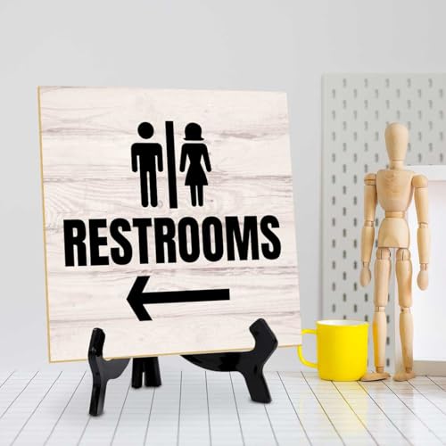 Restrooms Left 5"x 5" Square Table Sign With Acrylic Easel | General Office Notices & Business Table Signs - color: Restrooms Left