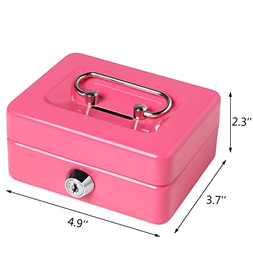 Decaller Mini Cash Box with Lock and Slot, Metal Coin Bank Piggy Bank for Adults & Kids, 4.9" x 3.7" x 2.3", Pink - color: Pink, size: X Small (4.9 Inch)