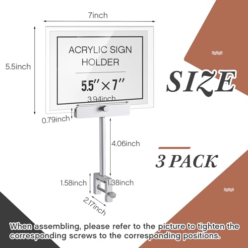 FoldTier 3 Set Aluminum Alloy Sign Holder Clamp with 5.5 x 7 Acrylic Frame - color: Silver, size: 5.5 x 7 Inches