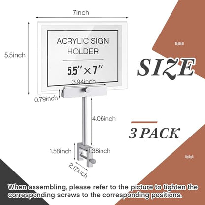 FoldTier 3 Set Aluminum Alloy Sign Holder Clamp with 5.5 x 7 Acrylic Frame - color: Silver, size: 5.5 x 7 Inches