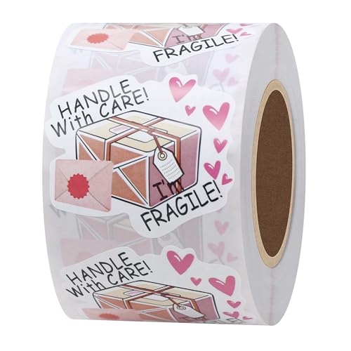 HYBSK Fragile Stickers for Shipping Please Handle with Care Labels Pink Fragile with Heart Labels for Small Business Shipping Warning Thank You Total 500 Labels Per Roll