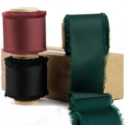 Silk Satin Ribbon 1.5" x 30 Yards Dark Green & Burgundy & Black - color: Dark Green& Burgundy& Black