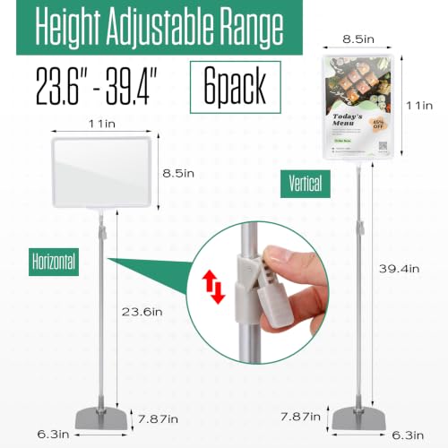 Jutom 6 Pack Adjustable Pedestal Stand Holder 8.5 x 11 Inch Heavy Duty Aluminum Sign Holder Vertical and Horizontal Sign Poster Stands Floor Standing Display for Advertisement Menu Display (Silver) - color: Silver