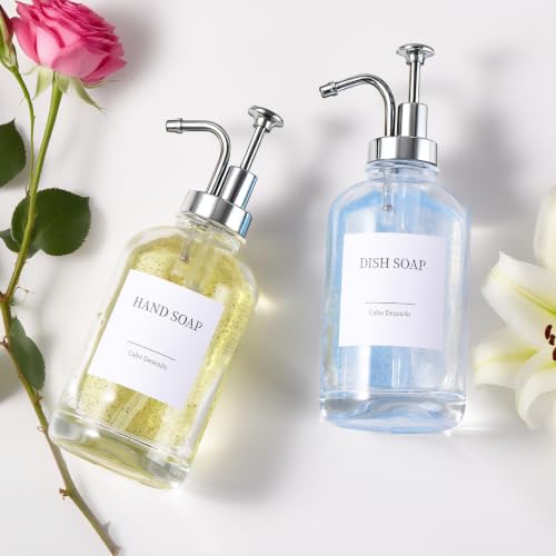 Glass Soap Dispenser with Pump, Dish and Hand Soap Dispenser for Kitchen Bathroom Set, Clear Glass Dispenser Set of 2 Pack with 18 Stickers Funnel Bamboo Tray 500ml 18oz / Sliver Pump - color: Glass+sliver