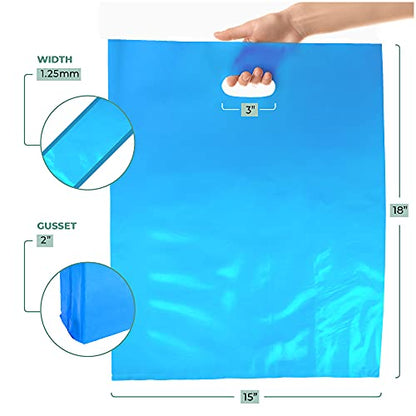 15x18 Blue Plastic Bags, 2" Gusset, Glossy, Die-Cut, 1.25 Mil, 100 Pack