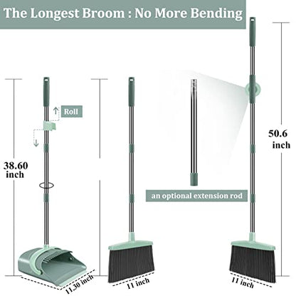 Ivandar Broom and Dustpan Set for Home, Dust pan with Long Handle, Broom with Dustpan Combo Set, for Home Kitchen Room Office Lobby Floor Use Upright Stand Up Sweeping (Gray&Green) - color: Gray&green