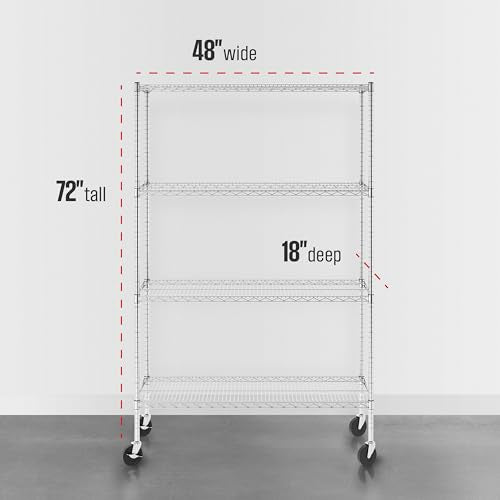 SafeRacks NSF 4-Tier Heavy Duty Steel Wire Rack w/Wheels (18"x48"x72") - color: Silver, size: 18"x48"x72" 4-Tier