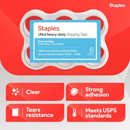 Staples Ultra Heavy-Duty Packing Tape, 1.88x54.6 Yds, Clear, 6/Roll