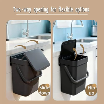 Compost Bin Kitchen, for use on Countertops or Under Sinks, Hanging Trash Can with Lid, Mountable Indoor Compost Bucket, for Cupboard/Bathroom/Bedroom/Office/Camping (Black 0.8 Gallon/3L)