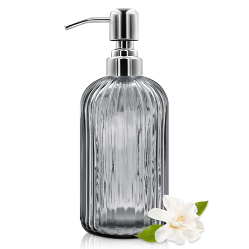 18 Oz Glass Soap Dispenser with Stainless Steel Pump, Modern Ribbed Design Refillable Liquid Soap Bottle for Bathroom, Kitchen, Hand Soap, Dish Soap, or Lotion (Grey) - color: Gray