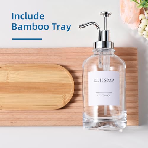 Glass Soap Dispenser with Pump, Dish and Hand Soap Dispenser for Kitchen Bathroom Set, Clear Glass Dispenser Set of 2 Pack with 18 Stickers Funnel Bamboo Tray 500ml 18oz / Each Bottle Sliver Pump - color: Glass+sliver Pump