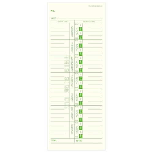 Weekly Time Cards 1-Sided, 3-1/2" x 9", Named Days, 100-Count,Time Cards for Employees, Green Print, Timecards for Time Clocks