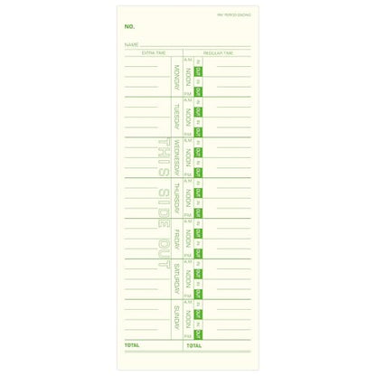 Weekly Time Cards 1-Sided, 3-1/2" x 9", Named Days, 100-Count,Time Cards for Employees, Green Print, Timecards for Time Clocks