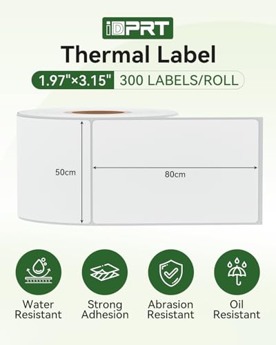 iDPRT 1.97" 3.15" Multi-Purpose Direct Thermal Labels (50mm80mm), Thermal Sticker for Address/Barcode/Mailing, Compatible with iDPRT SP460BT/SP410/SP310/SP320, Rollo, Zebra, Phomemo, etc, 300pcs - size: 1.57"×3.15" (50mm×80mm)