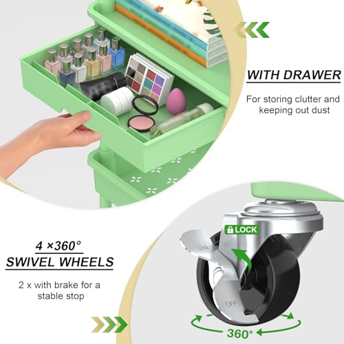 Goovilla 3 Tier Rolling Utility Cart Organizer with Removable Drawer, Green - size: 3 Tier, style: Green