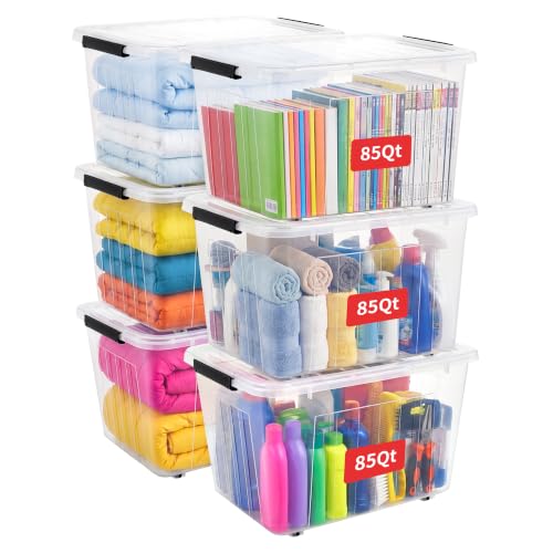 Cetomo 85Qt Plastic Storage Bin with Wheels, Stackable Storage Box with Lid, Organizer, Container for Home, Office, Drom, PP, BPA-Free, Nestable, Clear, 85Quart-6 Pack - size: 85Qt*6