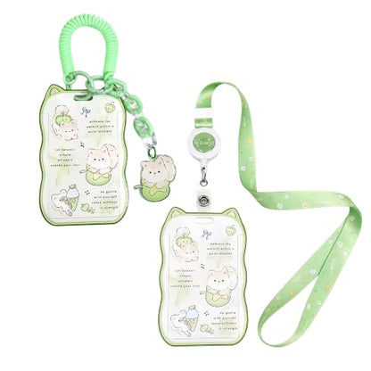 AZY Green Cat Ear Photocard Holder, ID Badge Holder with Lanyard Set | badge-holders - color: Green