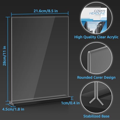 Acrylic Sign Holder 8.5x11, 6 Pack Double Sided Clear Display Stand with Black Base, T-Shape Table Number Holders, Plastic Picture Frames, Menu Brochure Sign Holder for Office, Show Fair, Restaurants