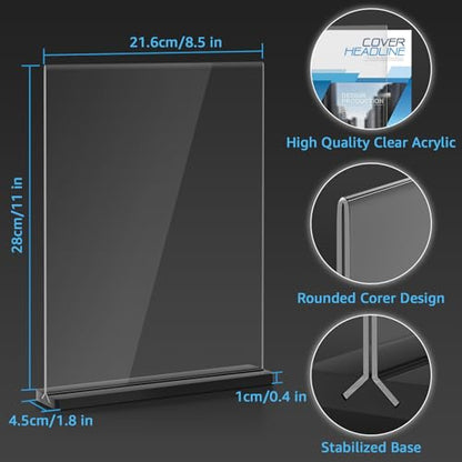 Acrylic Sign Holder 8.5x11, 6 Pack Double Sided Clear Display Stand with Black Base, T-Shape Table Number Holders, Plastic Picture Frames, Menu Brochure Sign Holder for Office, Show Fair, Restaurants