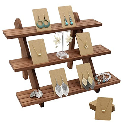 51pcs 3-Tier Wood Earring Display Stand, Retail Display Riser Earring, Ring Holder Stand, Removable Countertop Small Merchandise Display Stand with 50 Pcs Earring Card (Light Brown) - color: 3 Tier