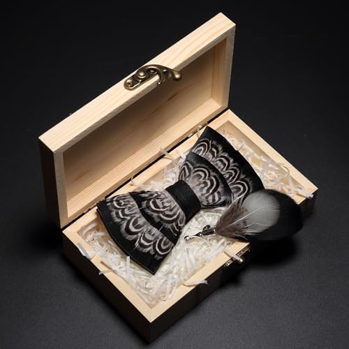 RBOCOTT Handmade Feather Pre-tied Bow tie and Brooch Sets for Men - color: Black/White/Coffee