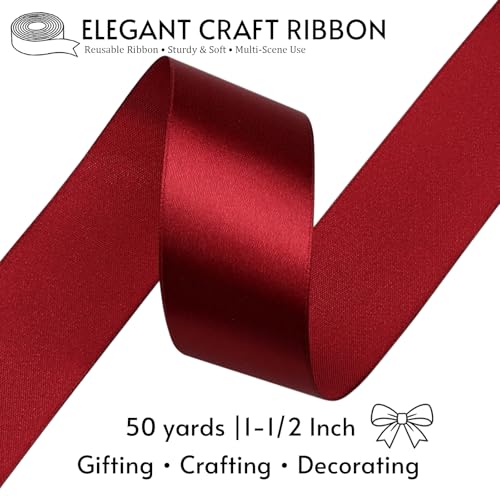1-1/2 Inch Burgundy Satin Ribbon 50 Yards Single Face Polyester - color: Burgundy, size: 1-1/2 inch