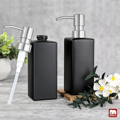 GMISUN Black Soap Dispenser, Hand Soap Dispenser Bathroom, 12 fl oz/350ml Glass Soap Dispensers with Stainless Steel Pump, Refillable Liquid Dish Dispenser for Kitchen, Modern Soap and Lotion Bottles - color: Black Bottle + Sliver Pump, size: 2 Pack