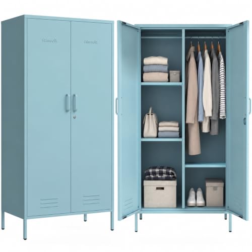 Metal Armoire Wardrobe Closet, 67" Tall Blue Lockable Wardrobe Cabinet with 2 Doors, Hanging Rod and Adjustable Shelves, Steel Clothing Storage Cabinet for Bedroom, Home, Cloak Room, Gym, Office - color: Ocean, style: Wardrobe-67"H-JS