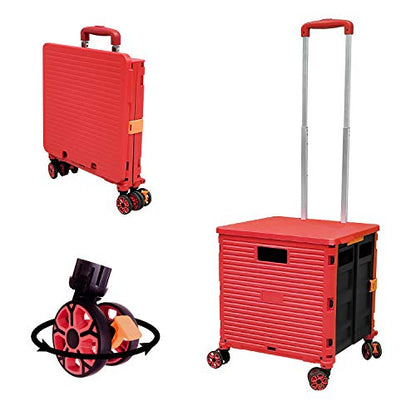 Quick Utility Cart Four -Rotate Wheeled Collapsible Handcart with Durable Heavy Duty Plastic Telescoping Handle for Travel Shopping Moving Luggage Office Use - color: Red