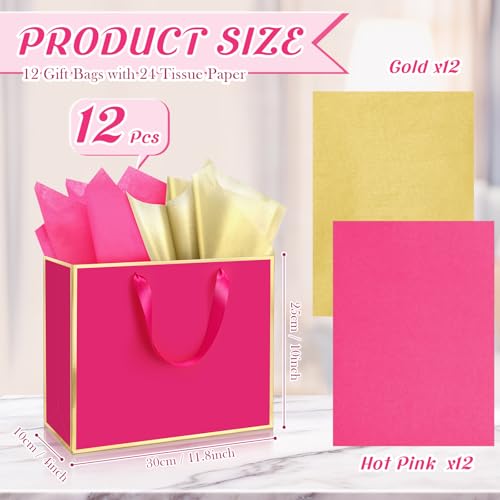 ReliThick 12 Pack Paper Gift Bag with Handles & Tissue, Hot Pink, Gold - color: Hot Pink, Gold
