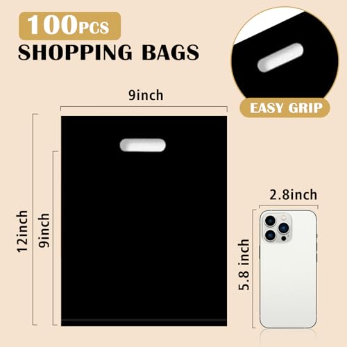 100 Pack Black Plastic Bags, 9"x12" Merchandise Bags With Die Cut Handles - color: Black