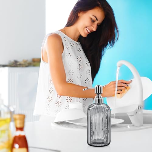 18 Oz Glass Soap Dispenser with Stainless Steel Pump, Modern Ribbed Design Refillable Liquid Soap Bottle for Bathroom, Kitchen, Hand Soap, Dish Soap, or Lotion (Grey) - color: Gray
