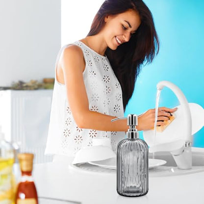 18 Oz Glass Soap Dispenser with Stainless Steel Pump, Modern Ribbed Design Refillable Liquid Soap Bottle for Bathroom, Kitchen, Hand Soap, Dish Soap, or Lotion (Grey) - color: Gray