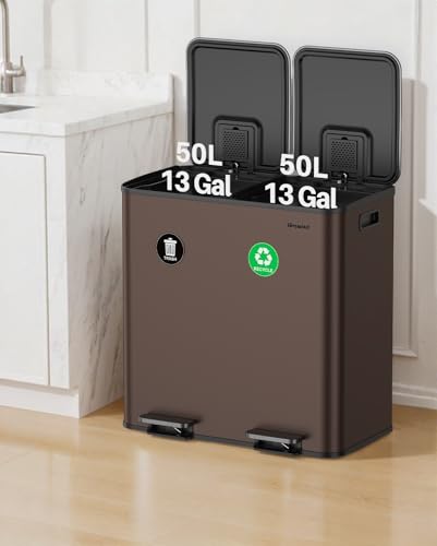 Dual Trash and Recycling Bins for Kitchen, 2×13 Gallon (2× 50L) Stainless Steel Trash and Recycle Bin Combo with Soft-Close Lid, Large Garbage Cans for Kitchen Home with 2 Magnets Sticker, Brown - color: Brown