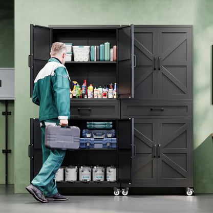 Letaya Metal Garage Storage Cabinets with Wheels,Black Rolling Tool Cabinet - color: Black, size: 15.7” D x 32” W x 73” H