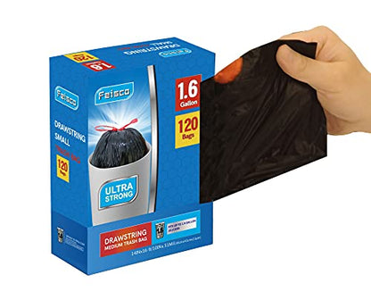 Feisco 1.6 Gallon Black Trash Bag,6L Drawstring Garbage Bag Trash Can Liner,120 Counts,0.51 Mil - size: 1 Count (Pack of 120)