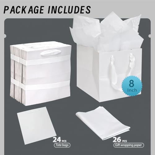 Papertide 24 Pack 8x8x8 inch White Square Gift Bags with Tissue Ppaper - color: White