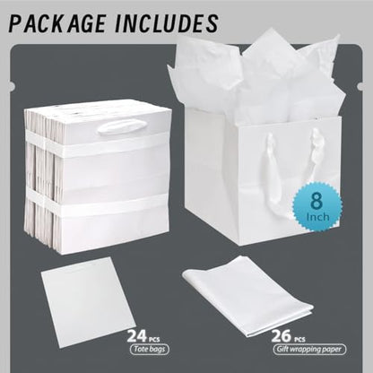 Papertide 24 Pack 8x8x8 inch White Square Gift Bags with Tissue Ppaper - color: White