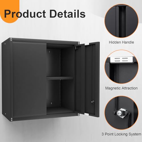 Metal Wall Cabinet, Steel Cabinet Wall Mounted, Lockable Storege Cabinet with Doors and Shelves, Upper Cabinets for Home Office, Pantry, Garage, Black - color: 28"h - Black