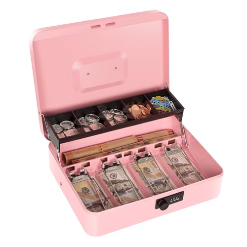 Cash Box with Money Tray and Combination Lock, Metal Money Box for Cash Register, Tiered Lock Box for Money 11.8" x 9.4" x 3.54" Pink - color: Pink with Combination Lock