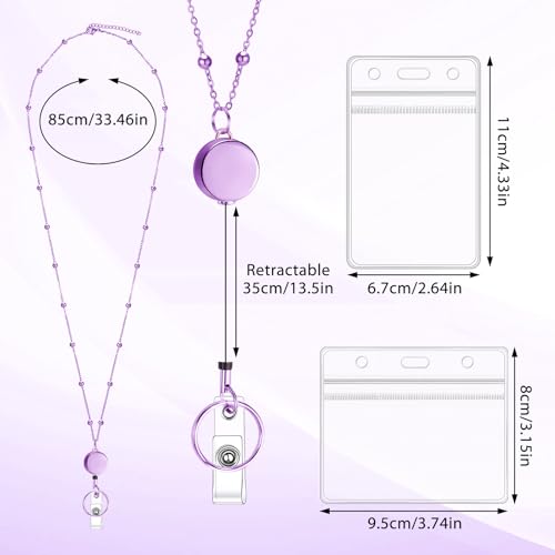 Stainless Steel Badge Lanyard with 2 Id Holders, Retractable, Purple - color: Purple