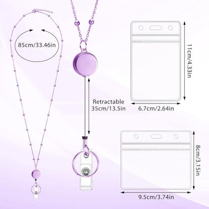 Stainless Steel Badge Lanyard with 2 Id Holders, Retractable, Purple - color: Purple