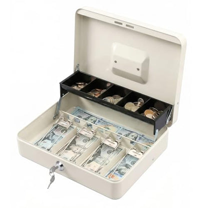 KYODOLED Locking Cash Box with Lock,Money Box with Cash Tray,Lock Safe Box with Key,Money Saving Organizer,11.81Lx 9.45Wx 3.54H Inches,White XL Large - color: White