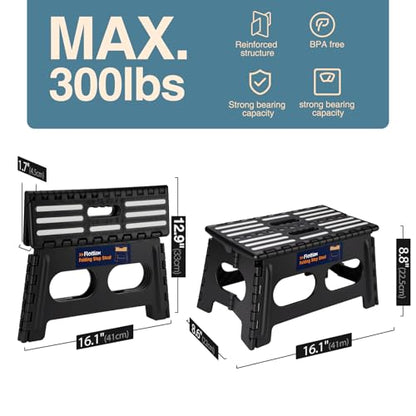 Flottian 9" Folding Step Stool for Adults and Kids 15-Inch Extra Wide Stool Holds Up to 300 lbs,Non-Slip Folding Stools with Handle,Compact Plastic Foldable Step Stool for Bathroom,Kitchen,ect,Black - size: 9 Inch