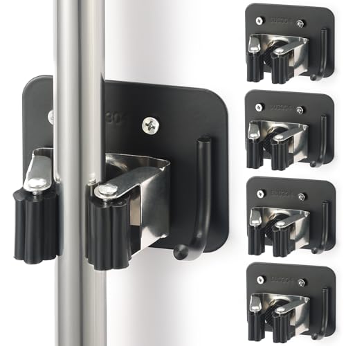 Broom Holder Wall Mount Rack, 304 Stainless Steel Mop and Tool Organizer - color: Black-Silver