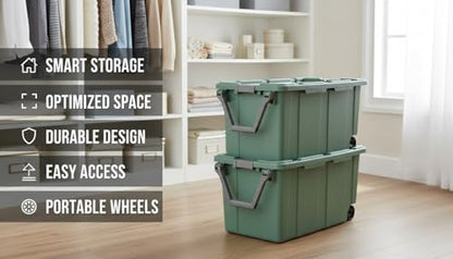 40 Gallon Light Green Rolling Industrial Storage Bins 2-Pack, Heavy-Duty Plastic with Leakproof Lid & Latches, Stackable for Garage Warehouse Equipment Transport - color: 2PCS, Green